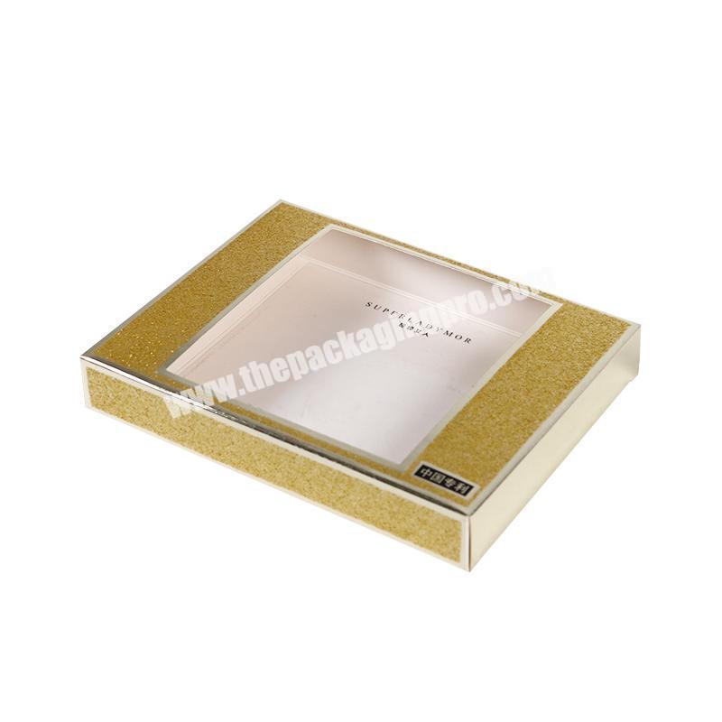 custom logo  silver gold card paper with shiny powder foldable paper box with cutout clear window display