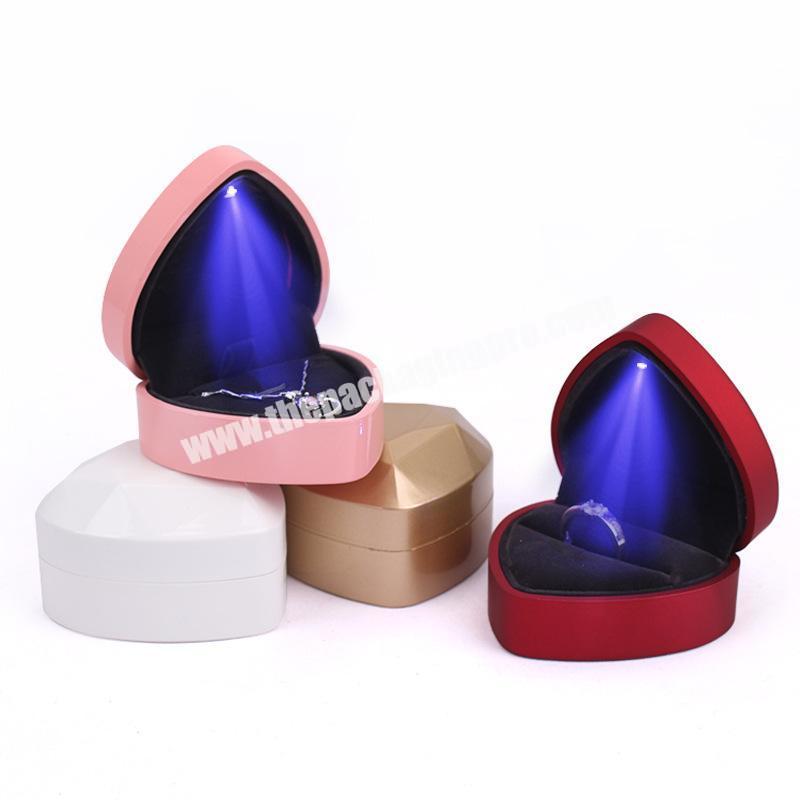custom luxury high quality led light red velvet mini heart shape portable jewelry ring packaging box logo