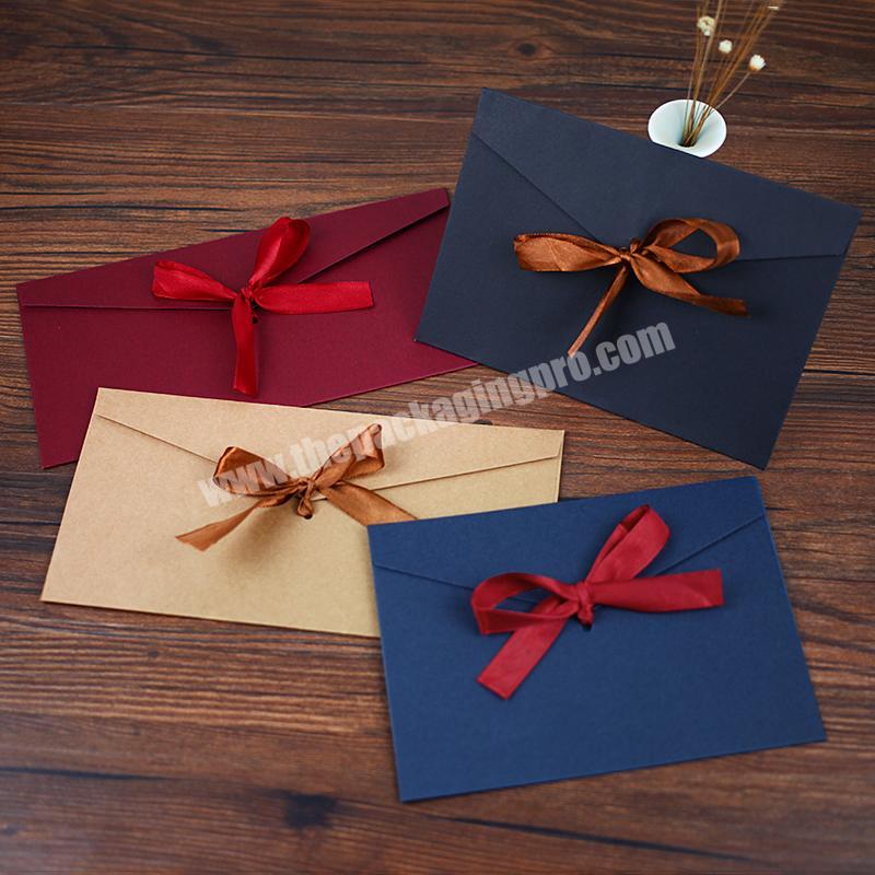 custom printed kraft paper packaging gift  wedding envelope with ribbon