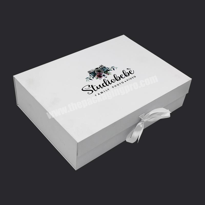 custom simple white folding box gift packaging box with ribbon