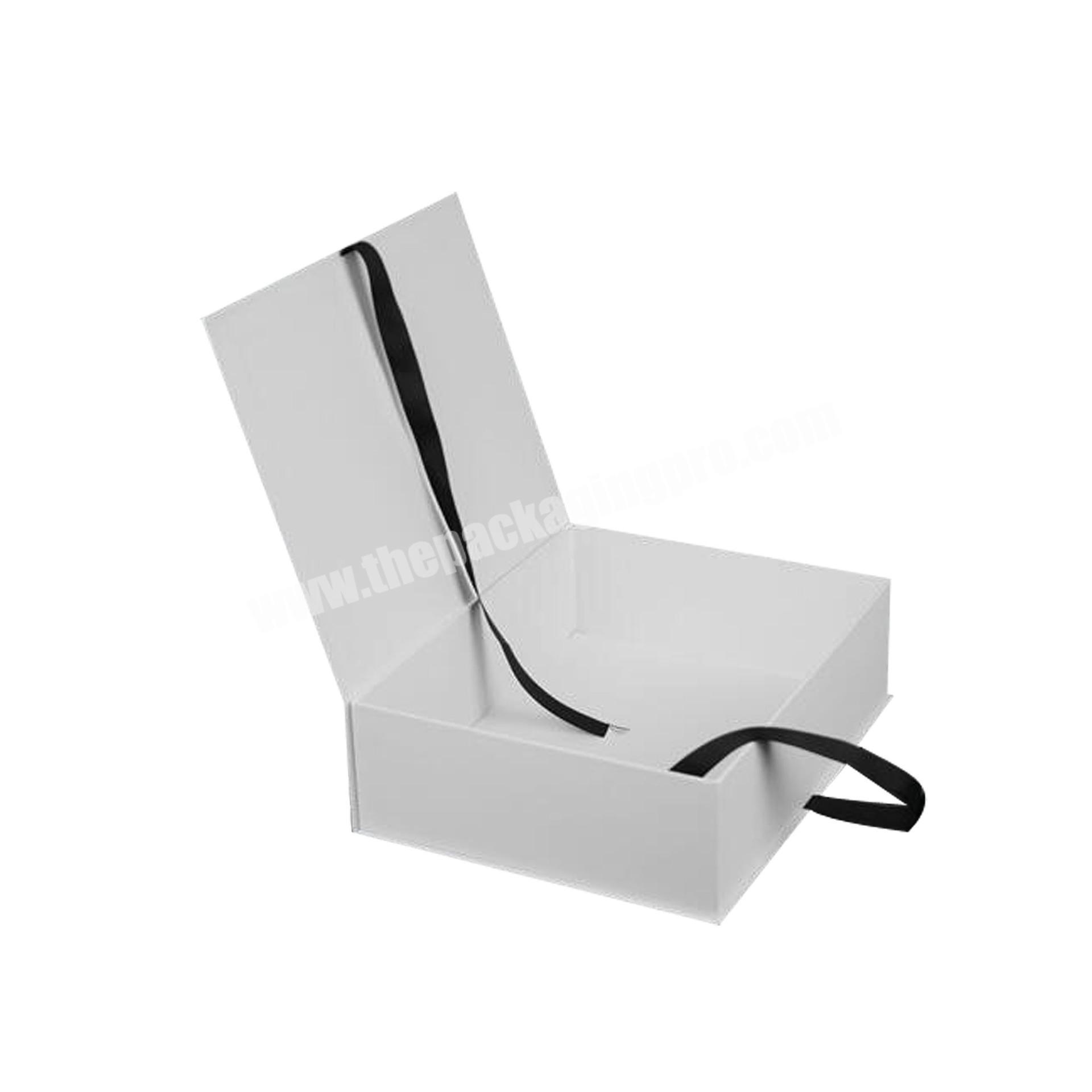 custom white cardboard magnetic cosmetic gift packaging box with ribbon closure
