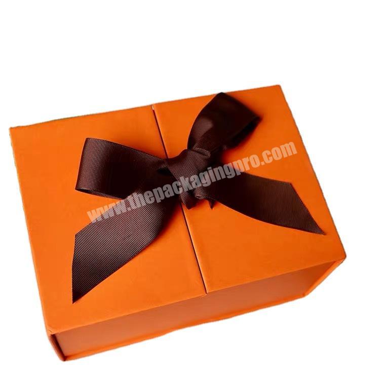 Customized Book-style Rigid Paper Gift Box With Ribbon  Eco-friendly Packaging Lid Hinged Base With Extend Flap Folding Carton