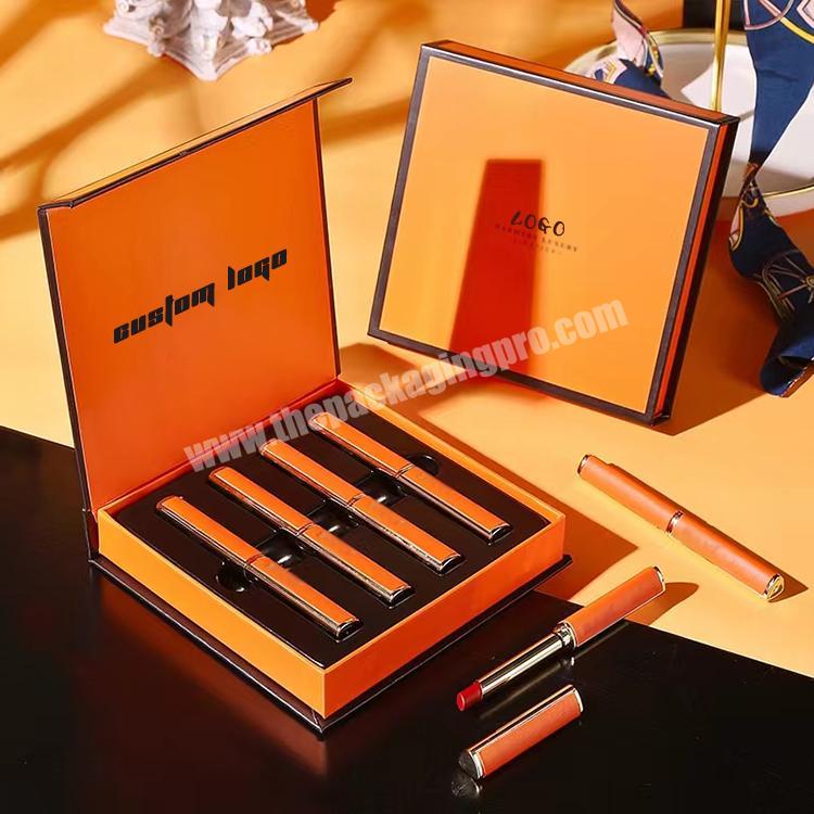 luxury printed orange matte paper lipstick set packaging box custom made cosmetic lip gloss gift boxes