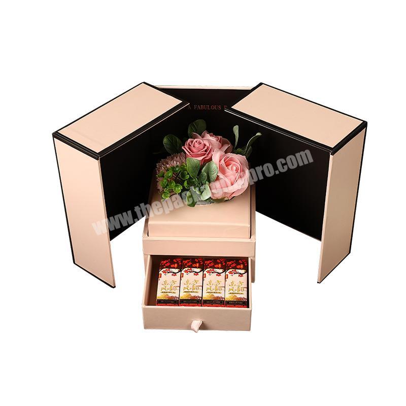 Amazon Hot Selling Luxury Square Lipstick Necklace Jewelry Flowers Luxury Double Opening Paper Gift Sweet Rose Flower Box