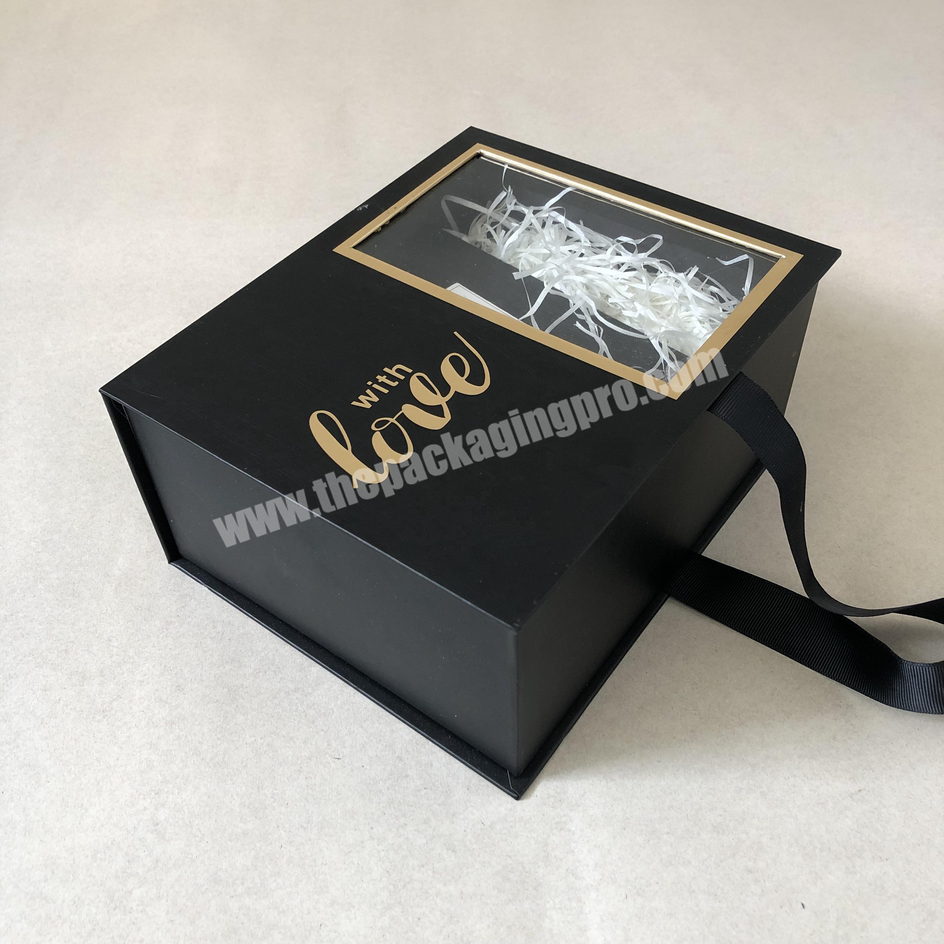Black Book shape paper gift boxes with window and ribbon closure