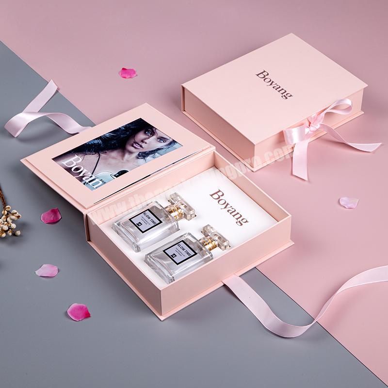 Book Shape Pink Paper Empty Luxurious Cosmetic Perfume Gift Packaging Box with Ribbon