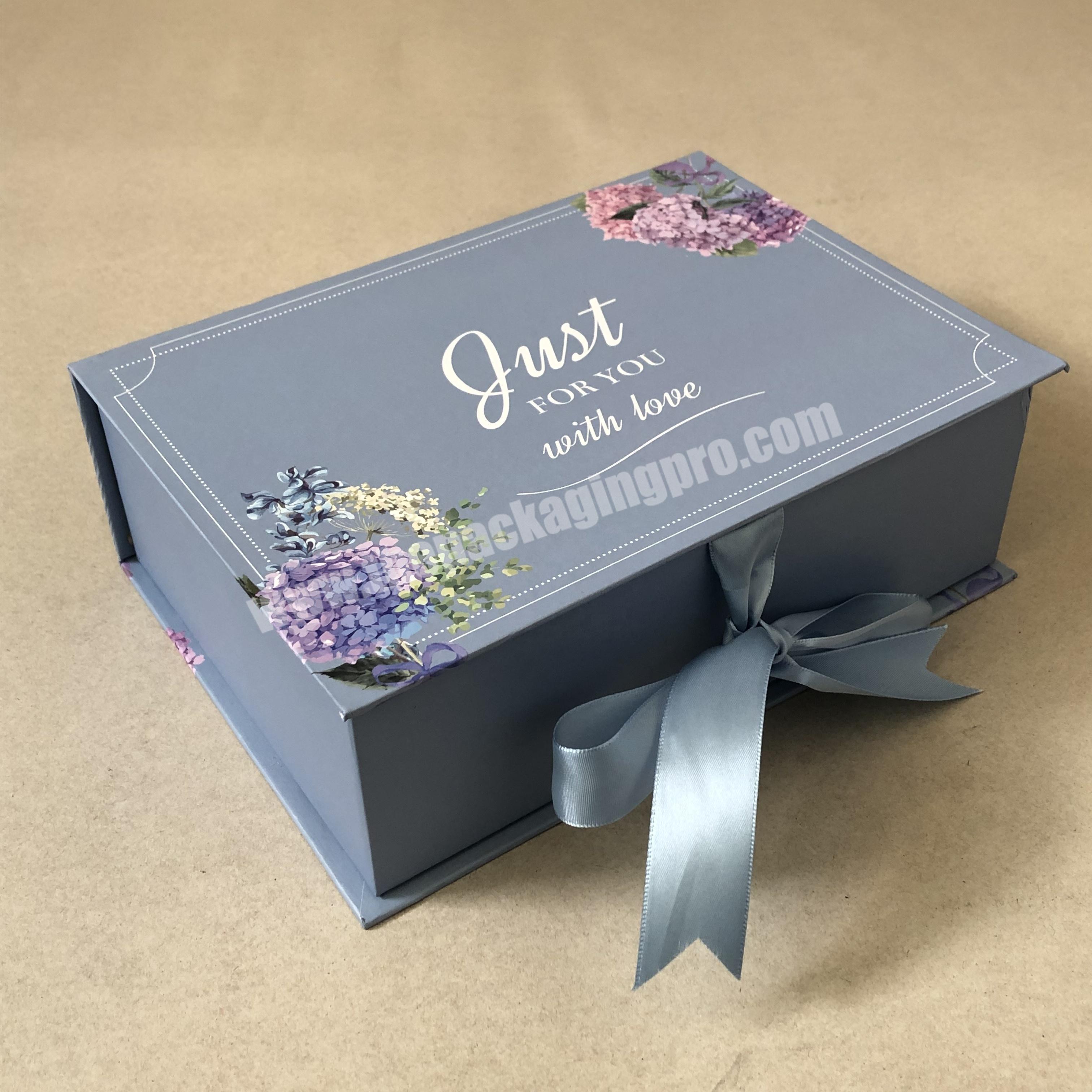 Book shape paper gift boxes with window and ribbon closure