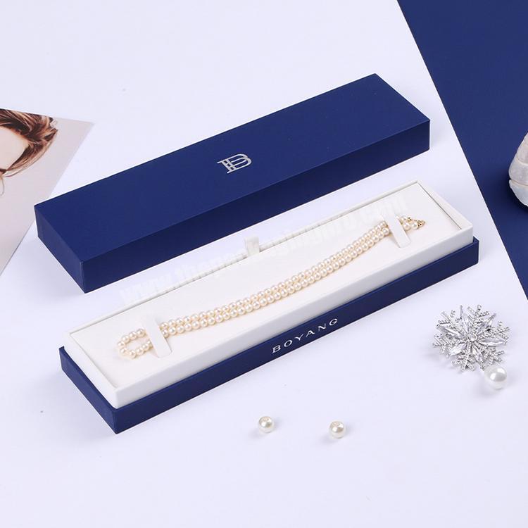 Boyang Custom Blue Lid and Base Paper Jewelry Boxes Rectangle Pearl Necklace Packaging Box