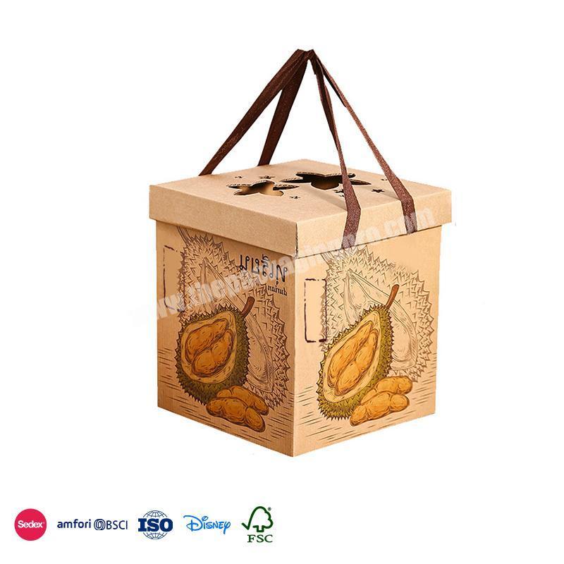 China Hot Sale Custom Square with cutout lid and secure hand strap with durian pattern fruit paper box
