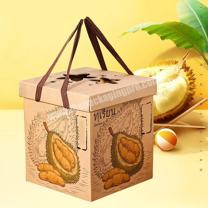 China Hot Sale Custom Square with cutout lid and secure hand strap with durian pattern fruit paper box wholesaler