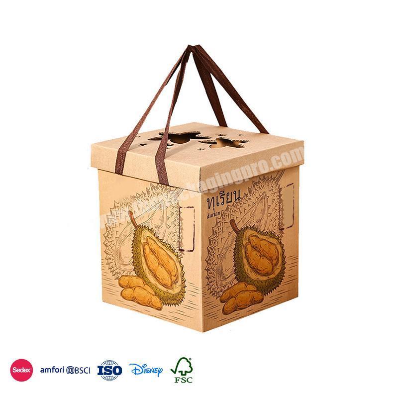 China Hot Sale Custom Square with cutout lid and secure hand strap with durian pattern fruit paper box