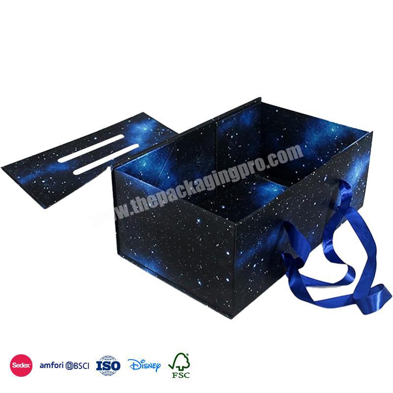 Comfortable New Design Dark Blue dream Starry Embellished Double Ribbon Carry Loop large folding gift box