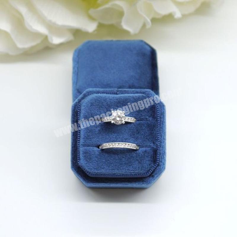 Creative design custom blue velvet square octagon double ring box packaging jewellery mini ring boxes velvet jewelry box