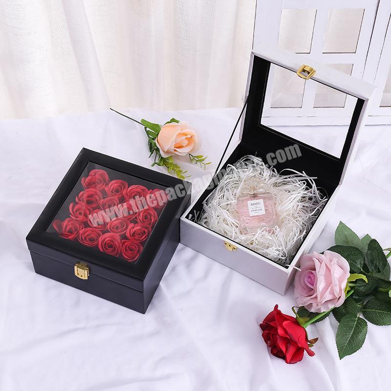 Creative window flip flower packaging gift flower box with golden lock for Valentine's Day immortal flower display box