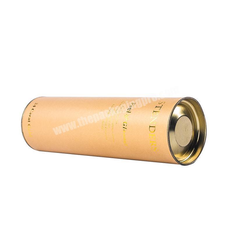 Custom Brown Empty Hot Stamping Cylinder Kraft Posted Paper Packaging Tube With Metal Lid
