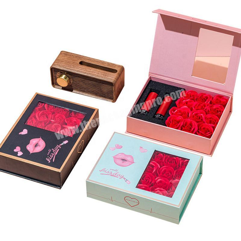 Custom Exquisite Rose Lipstick Fragrance Perfume Flip Window Luxury Gift Box