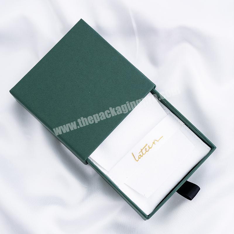 Custom Logo 9*9*3 Personalized Jewelry Packaging White Pouch Boxes Dark Green Cardboard Drawer Sliding Jewelry Storage Box