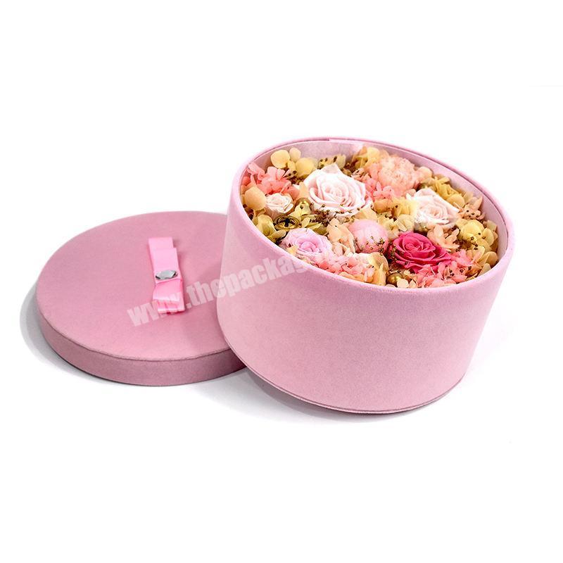 Custom Logo Ribbon Pink Velvet Tube Cylinder Flower Box Rigid Round I Love You Valentine Flower Boxes For Flower Arrangements