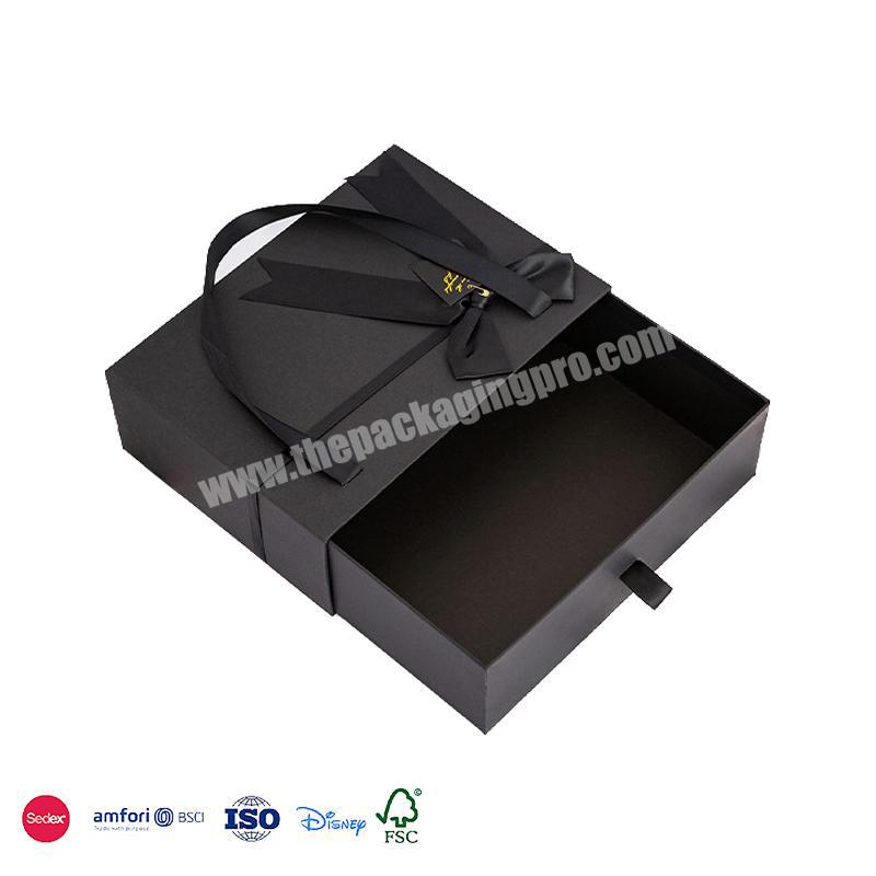 Custom Logo Rigid Cardboard Empty Gift Box Packaging Pull Out Sliding Drawer Box With Portable Ribbon Handle