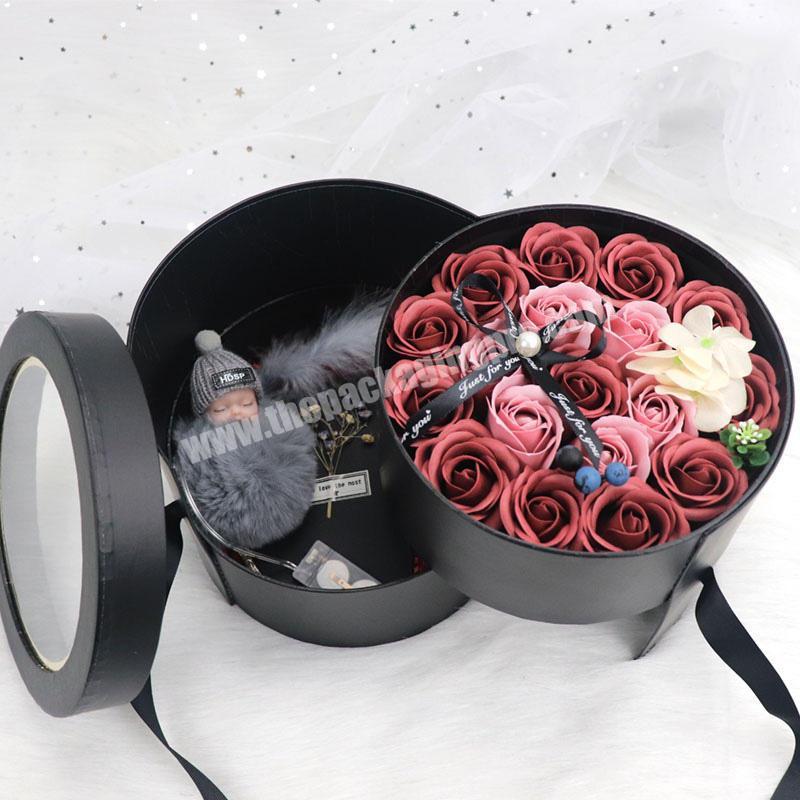 Custom Luxury Handmade Paper Round Flower Display Boxes Double Layers Rotating Rose Flower Gifts Packaging Box With Clear Window