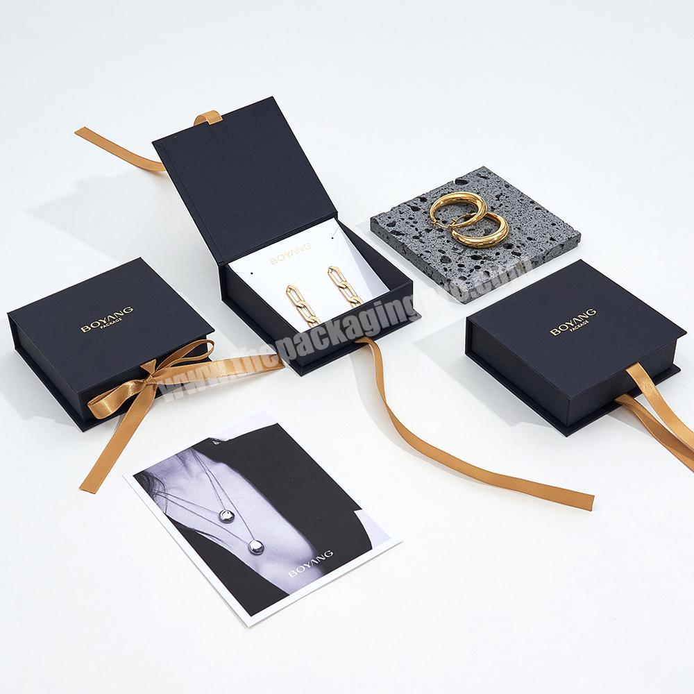 Custom Luxury Personalized Black Paper Ribbon Jewelry Packaging Box and Bag