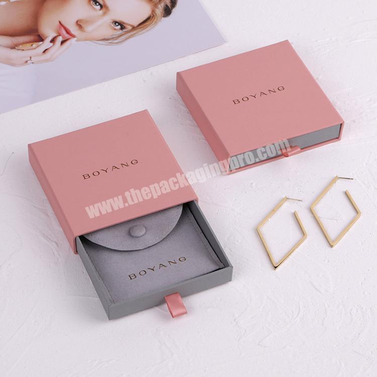 Custom Small Cardboard Paper Drawer Earring Jewelry Box and Pouch Shipping Packaging Pink Ring Box Luxury
