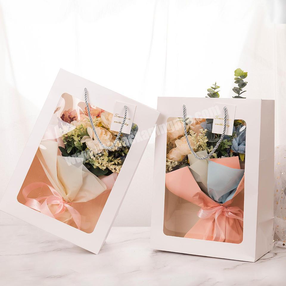 Custom Transparent Window Kraft Paper Valentine's Day Floral Rose Packaging Bag Womens Daisy Flower Bouquet Carry Bags