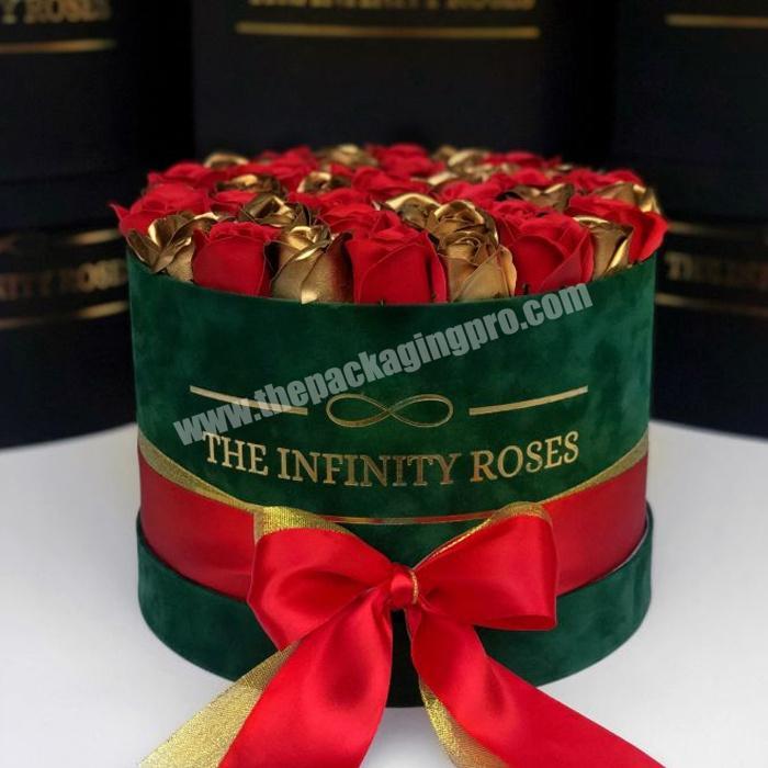 Custom christmas round suede hat flower bouquet gift packaging box with custom gold foil logo for flower store luxury flower box