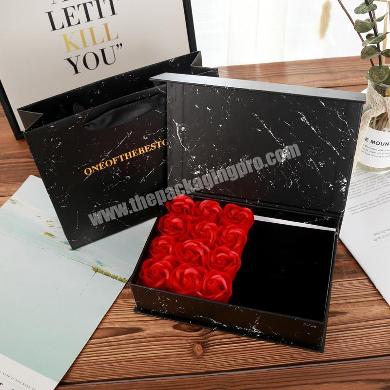 Custom creative high quality large marble paper magnetic lid artificial rose flower jewelry gift box