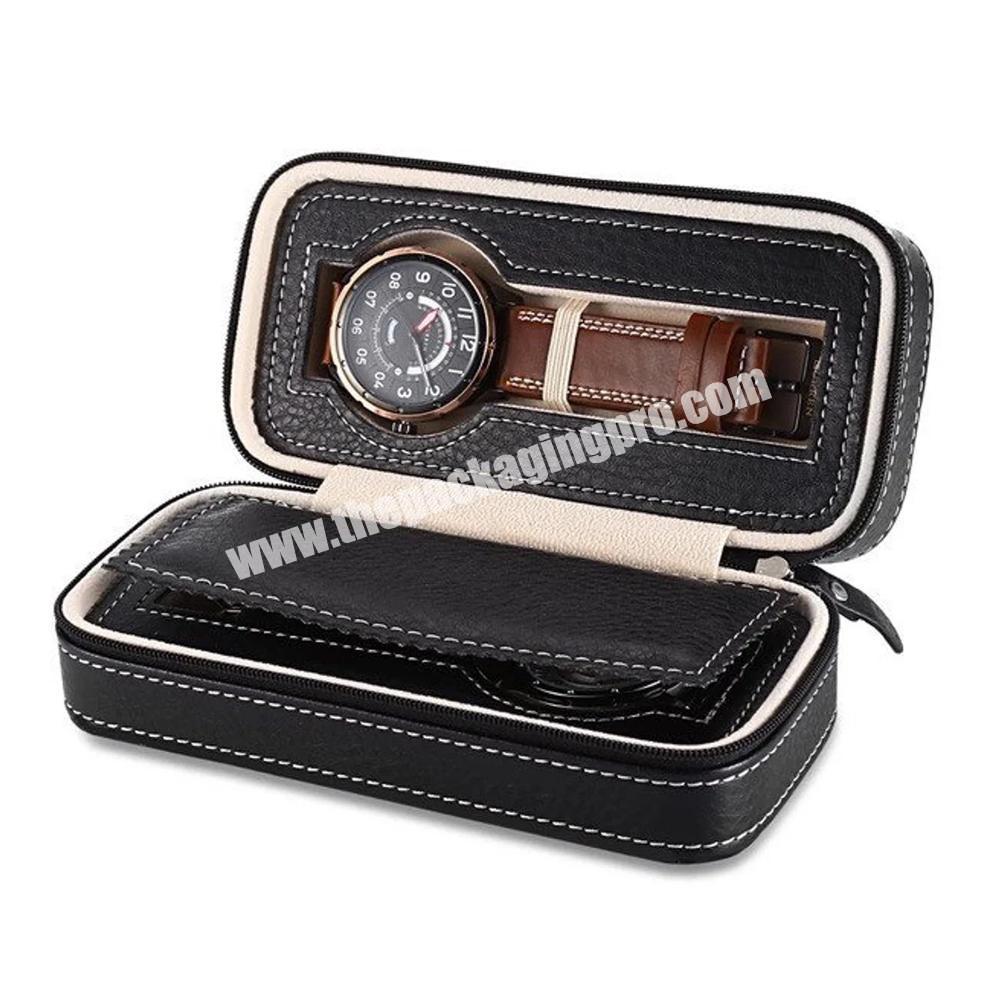 Custom design logo 2 grids watch packaging box men PU leather travel wristwatch organizer black watch box set luxury watch box