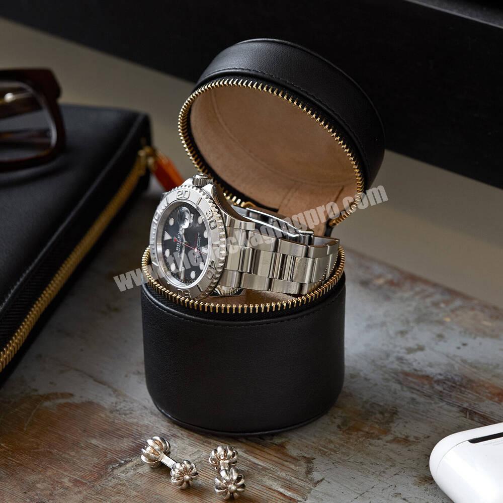 Custom design logo electronic product watch packaging box leather travel zipper organizer round watch box set luxury watch box