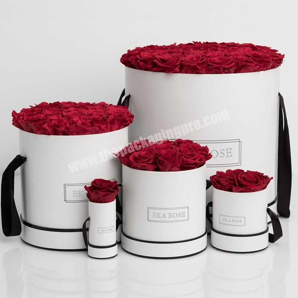 Custom design waterproof paper round flower box with handle roses fresh rose luxury cardboard flower boxes for flowers gift box