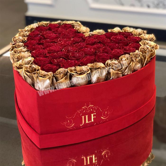 Custom high quality red velvet big heart shaped flower box with insert foam for preserved roses heart mom luxury flower box