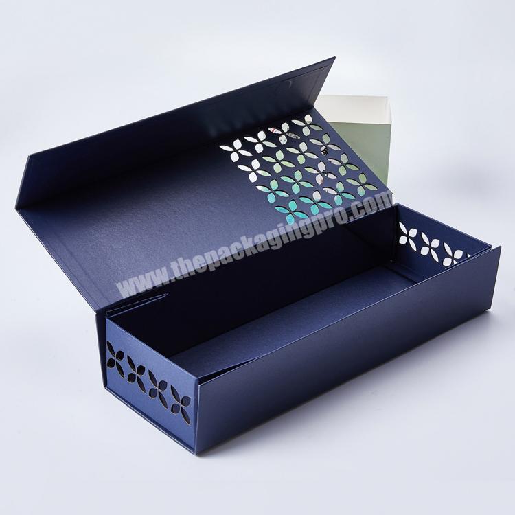 Custom hollow design unique gift packaging box rigid cardboard foldable magnetic flip lid gift box