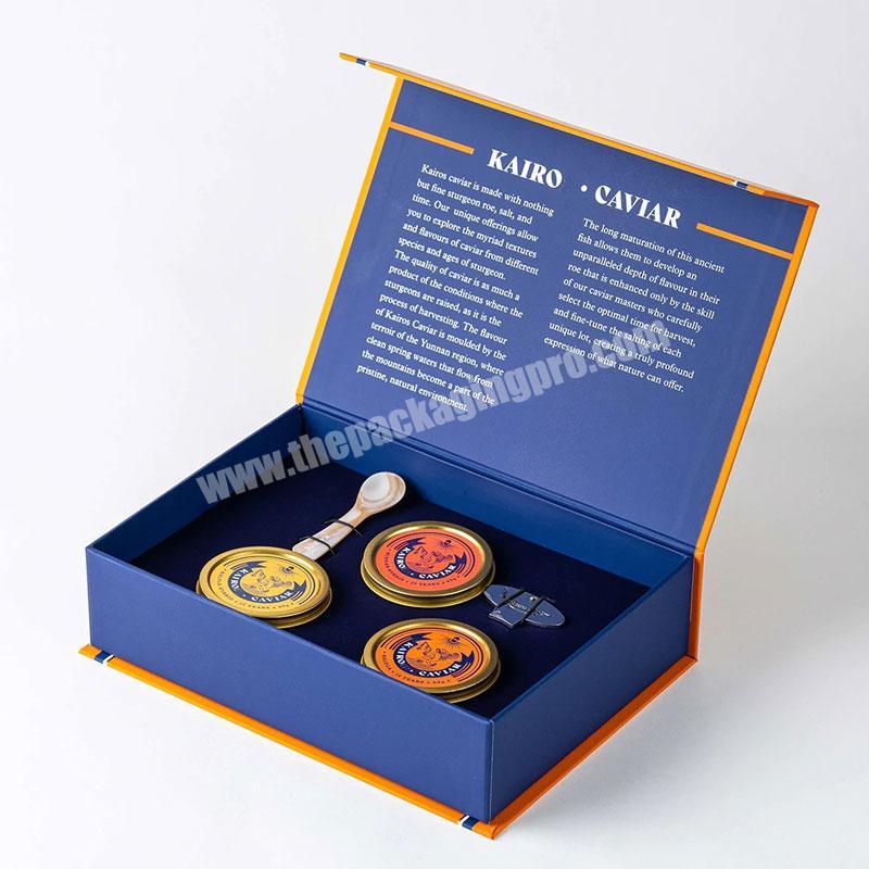 Custom logo printing magnetic rigid paper caviar packaging gift box with insert