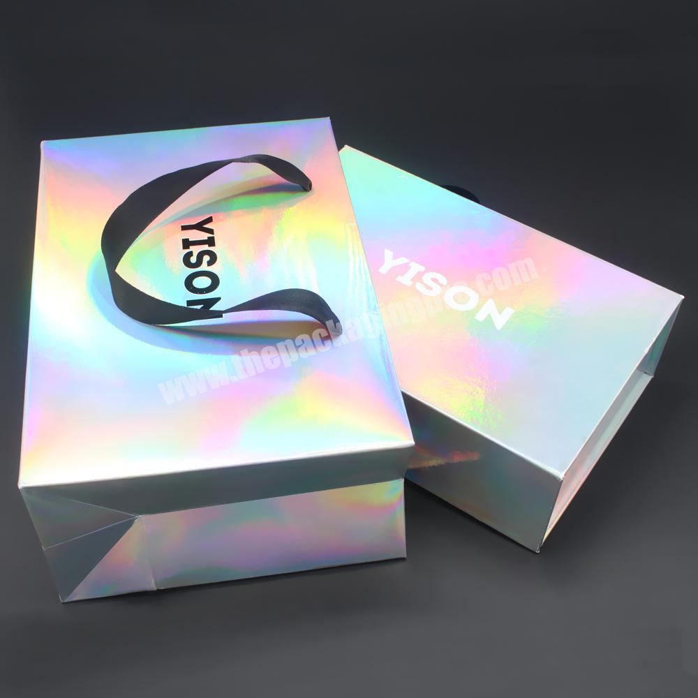 Custom luxury holographic cosmetic clothes packaging gift box and bag set for stores