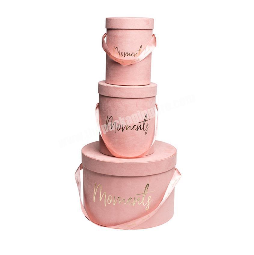 Custom luxury pink velvet flower box with ribbon with three size