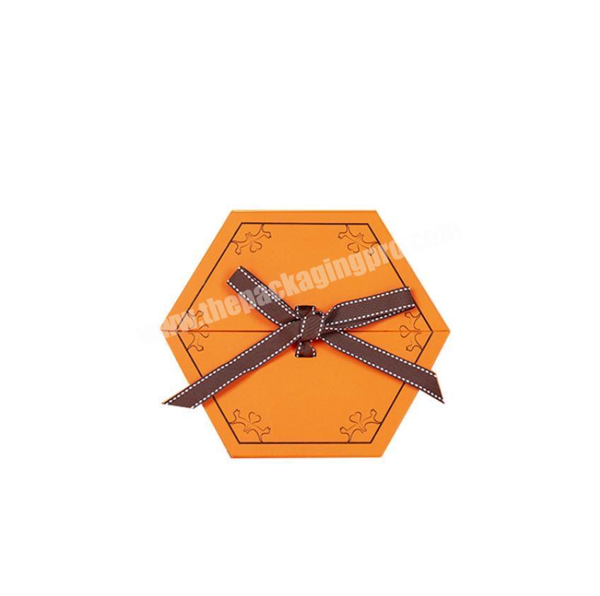 Custom orange hexagon shaped gift box with ribbon closure for hair extension gift box