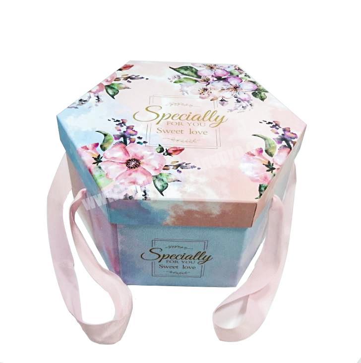 Custom paperboard hexagonal shaped flower printing gift box with ribbon