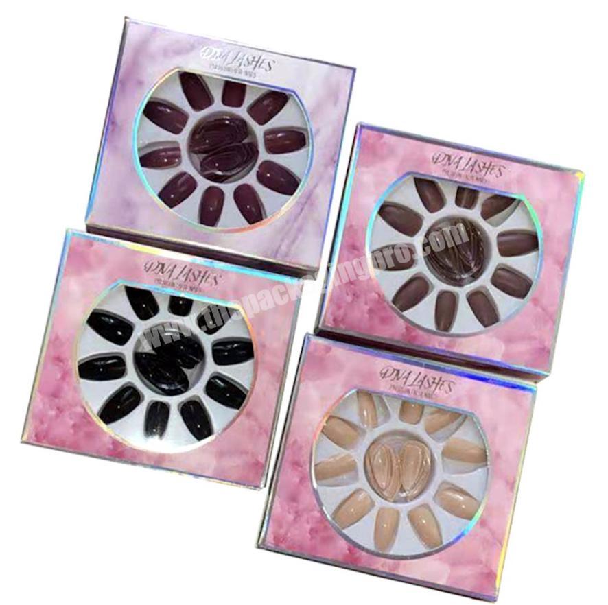 Custom pink marble design beauty eyelash false nail paper packaging boxes with clear window