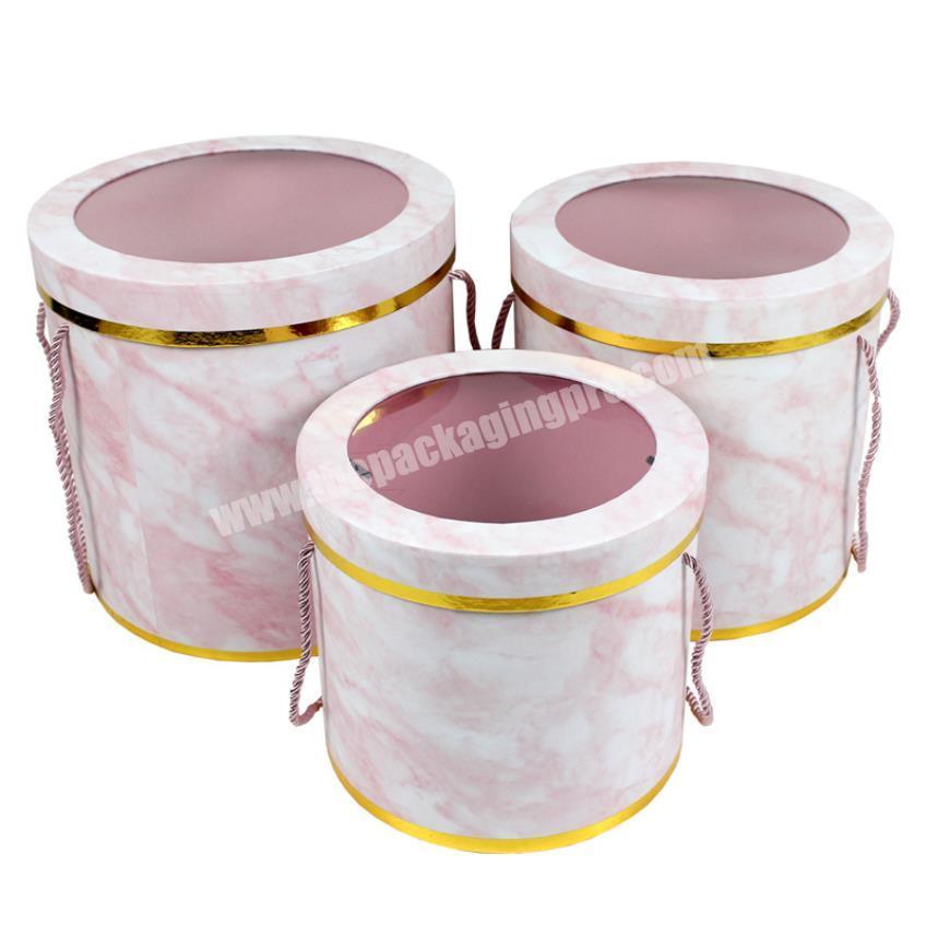 Custom pink marble printing  roundtube  flower box with PVC lid cover and string for flower display
