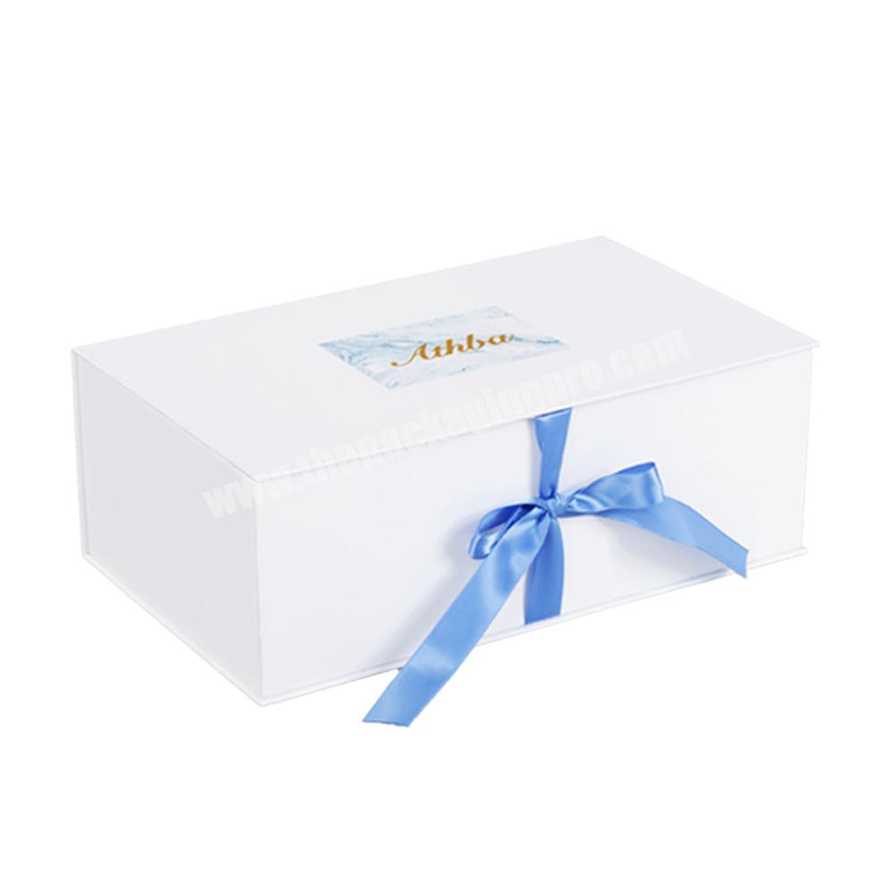 Custom printed logo large white luxury gift packaging shipping boxes color ribbon gift box magnetic ribbon box