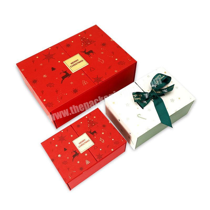 Custom red double door gift box ribbon cardboard holiday gift box printing