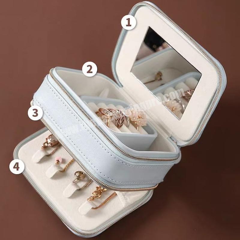 Custom zipper Jewelry Boxes Rings Earrings Necklaces PU Small Portable Travel Jewelry Box with Mirror 2 Layers Mini Jewelry Box