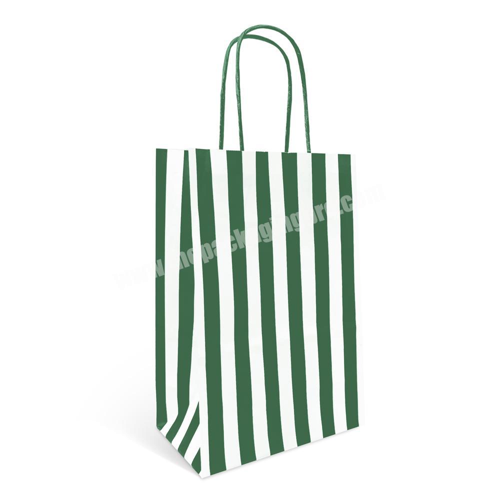 Customized Green Color Printing Shopping White Kraft Paper Bag Striped Twist Handle Carrier Bags