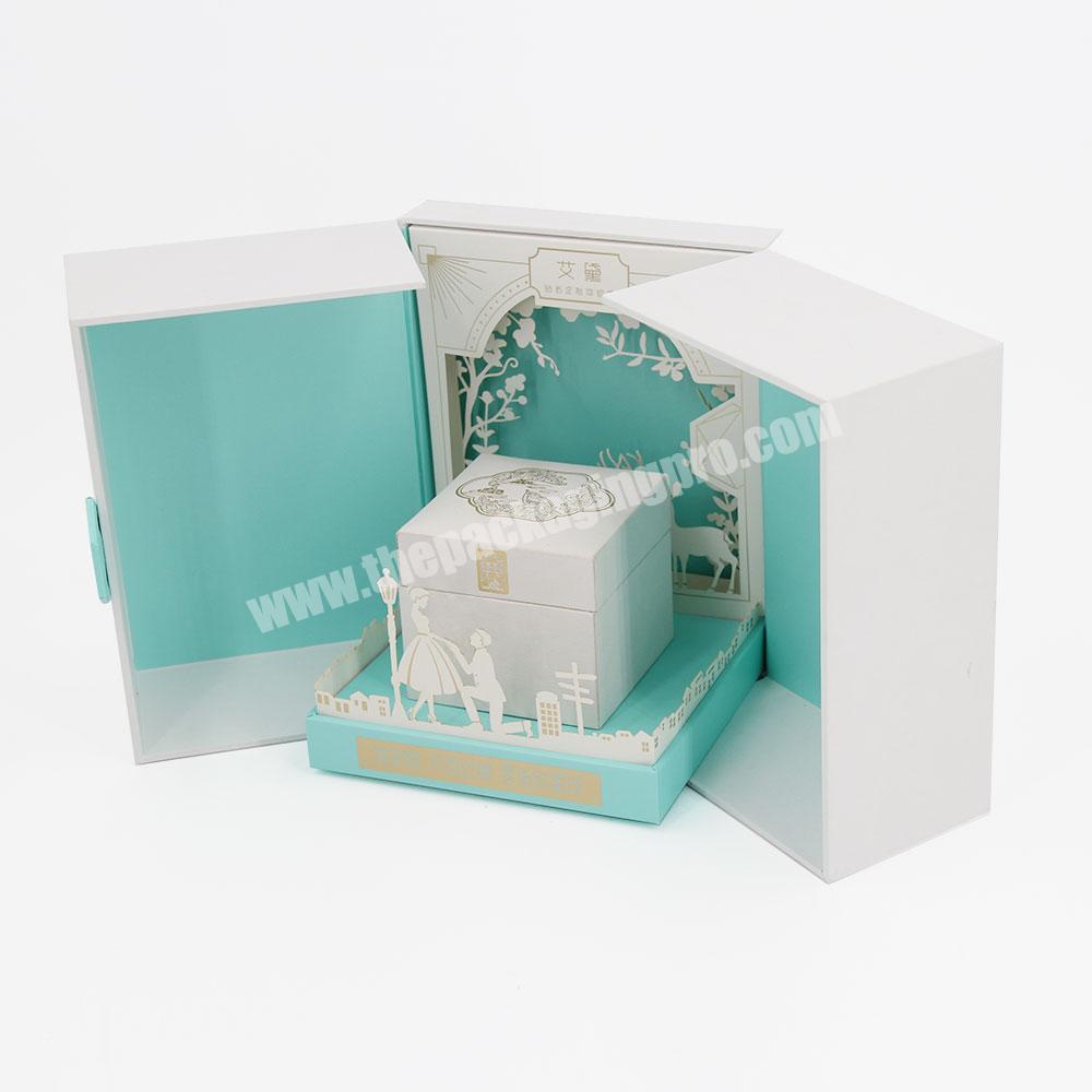 Customized High Quality Fashion Women Jewelry Luxury Box Sweet Set Shiny Blue Jewelry Box Double Flower Jewelry Packaging Box