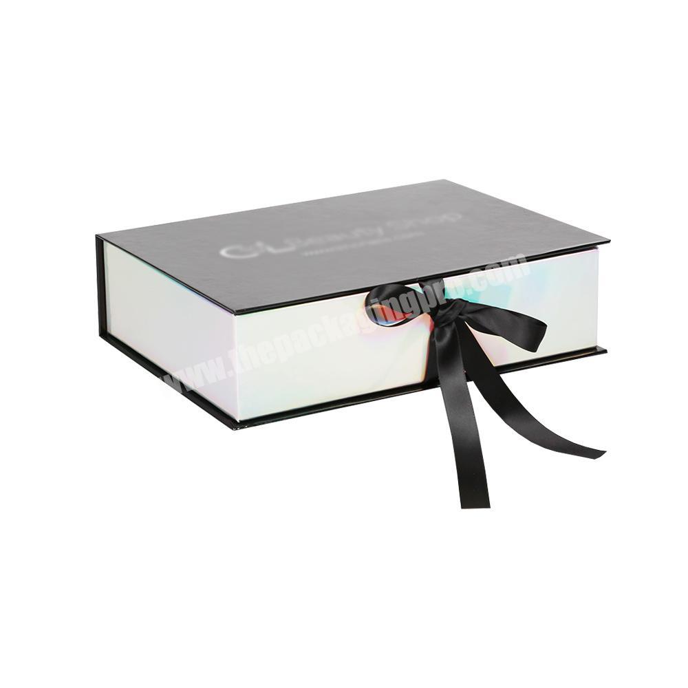 Customized Large Size Clothing Packaging Cardboard Magnetic Black and White Gift Box With Ribbon Closure