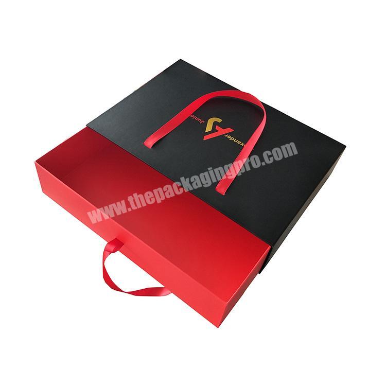 Customized Logo Black Ribbon Handle Luxury Paper Drawer Boxes Sliding Box For Clothes Packaging