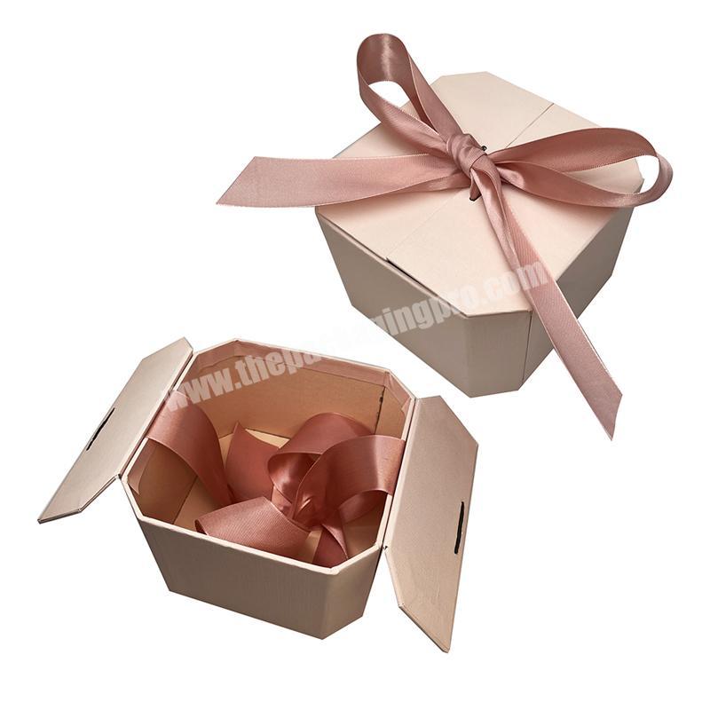 Customized double doors open pink Bonbon Chocolate hexagon textured Paper Gift Packaging Box with ribbons