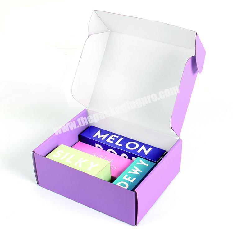 Customized purple colored cosmetic skincare corrugated carton mailer shipping box LOGO holographic